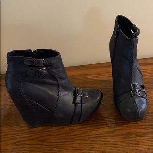 Black leather wedge booties